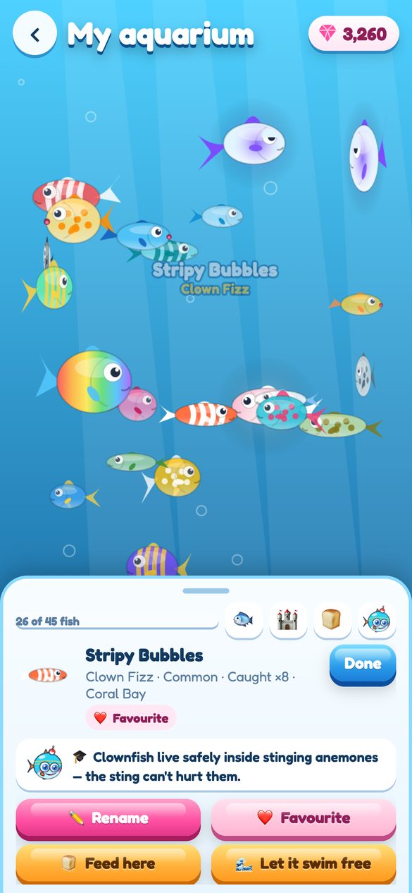 The fish card of a named clownfish: Common, caught eight times, Coral Bay, and the fact read by Boop with Feed here and Favourite buttons