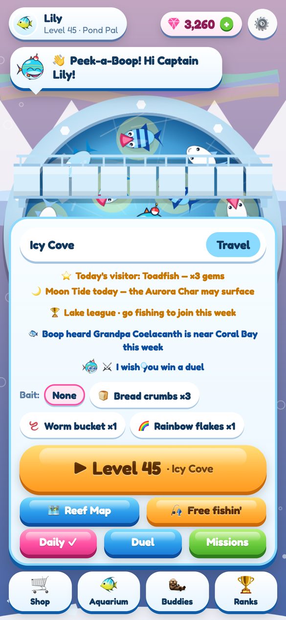 The Peekafish home screen with Boop greeting the fisher by name