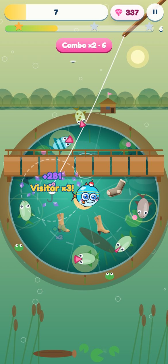 Catch: Gems drop and the catch gets a grade. Chain catches into a streak, start a splash party every tenth catch, and dodge the old boot, the tin can and the soggy sock that spin past in a Splash Dash.