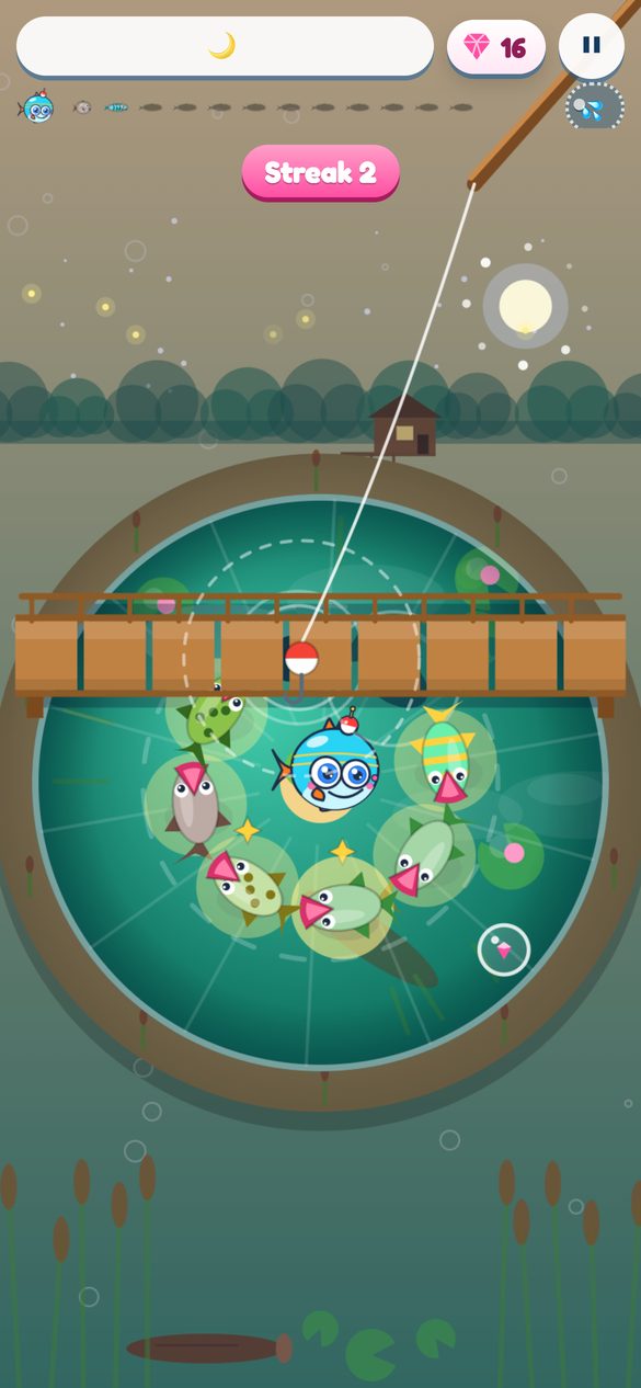 Moonlight: When the sun runs out, the moon comes up and the fish come to say hi. With fish left that is a “Not yet”: replay for free, or keep fishing for gems from the continue card.