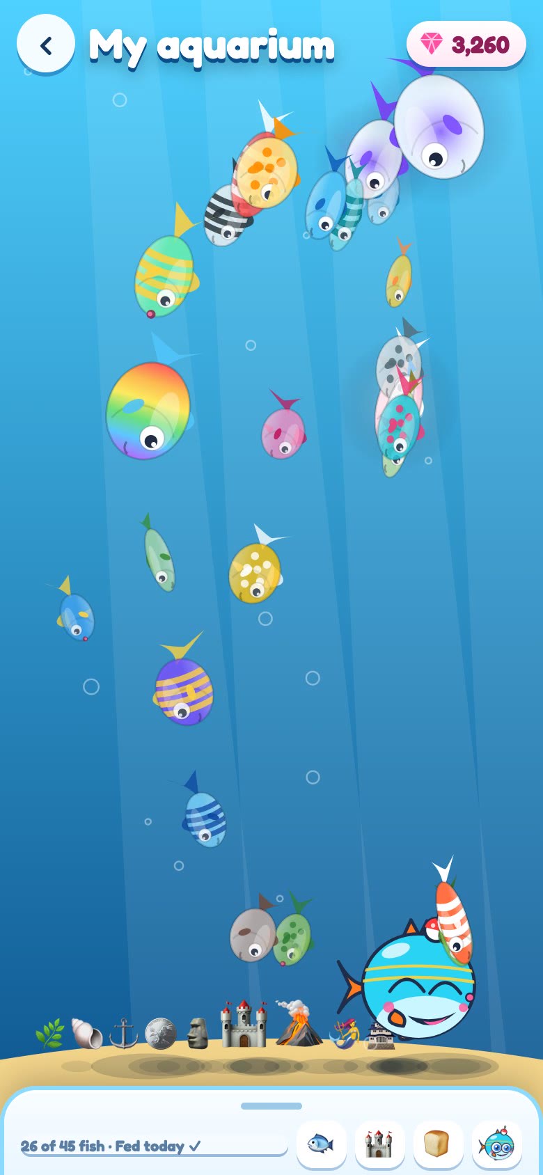Gameplay: a tap on the water, three flakes sink, a fish chases and bites, hearts pop, Boop smiles, the chip reads Fed today