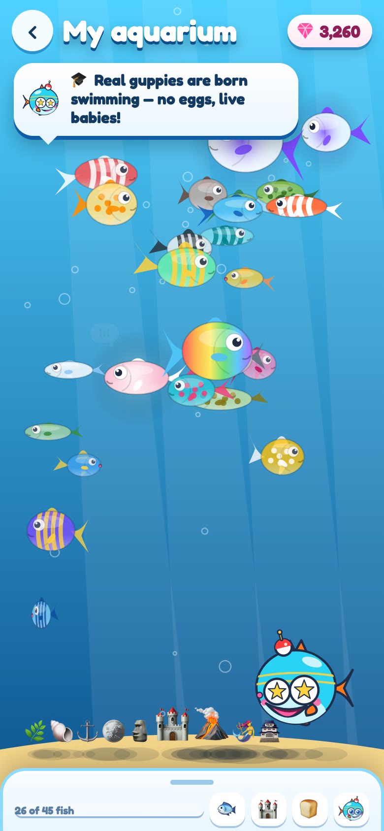Gameplay: five taps on Boop in the tank — he spins and makes faces, and on the fifth tap whispers a fish fact