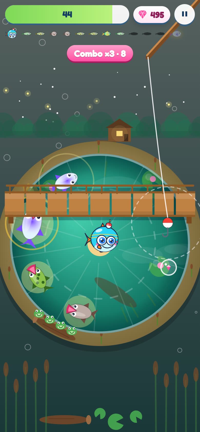 Gameplay: the school thins out, the Big One yawns, opens its mouth and bites for ×3