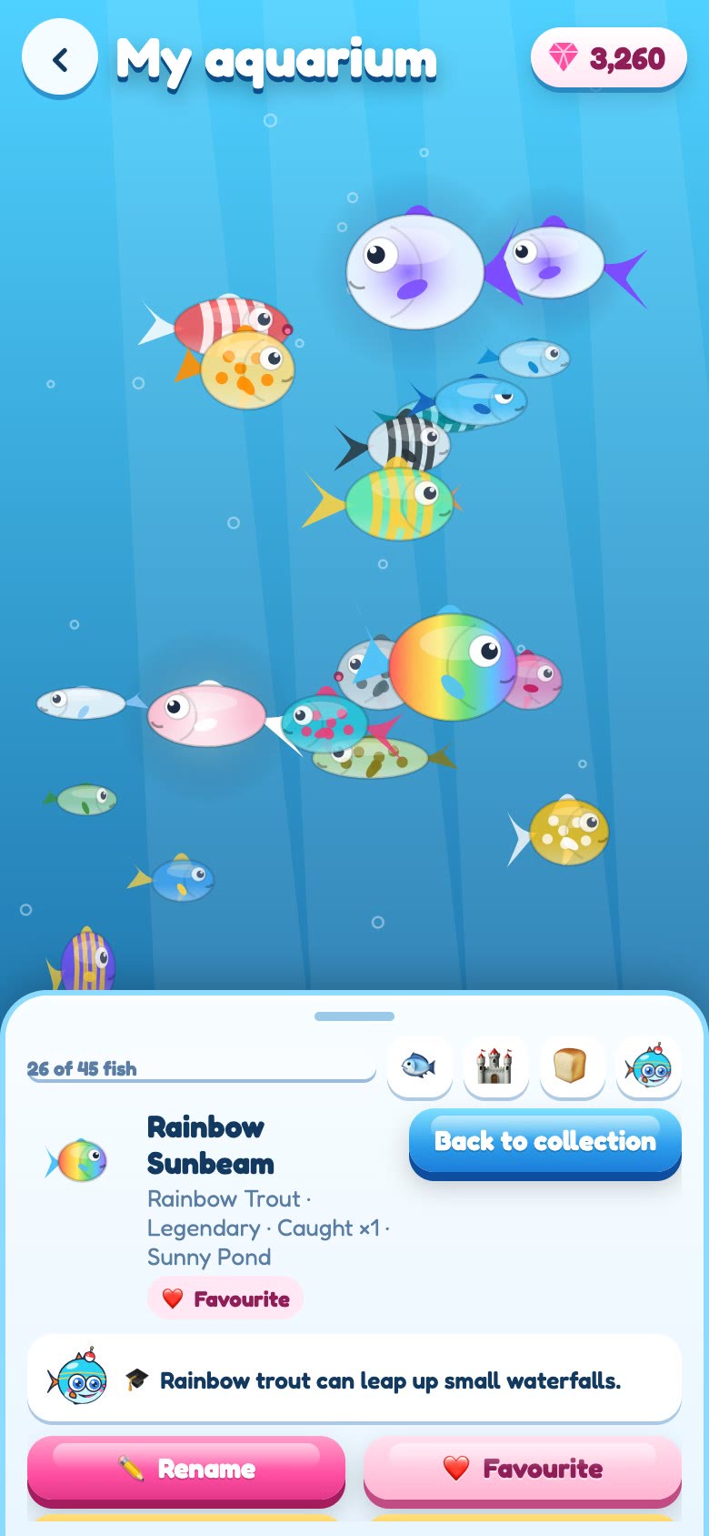 Gameplay: the collection sheet over the tank — 26 of 45 fish grouped by sea, a slow scroll to the Deep Sea and the Space Aquarium, a tap on the Rainbow Trout opens its card: Rainbow Sunbeam, Legendary, caught once, Sunny Pond, and its fact