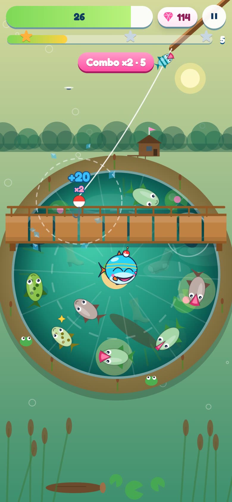 Gameplay: a Splash Dash at Frog Lake with a boot and a sock drifting past