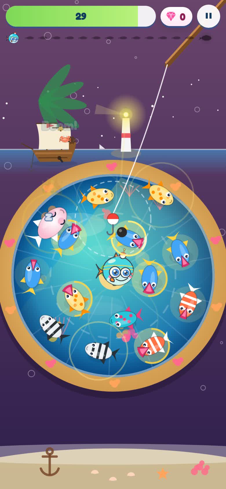Gameplay: Coral Bay, level 36 — the galleon anchors, the confetti cannonball lands on the ring, the parrot calls the next fish, the bell rings and the Pearl Seahorse wakes