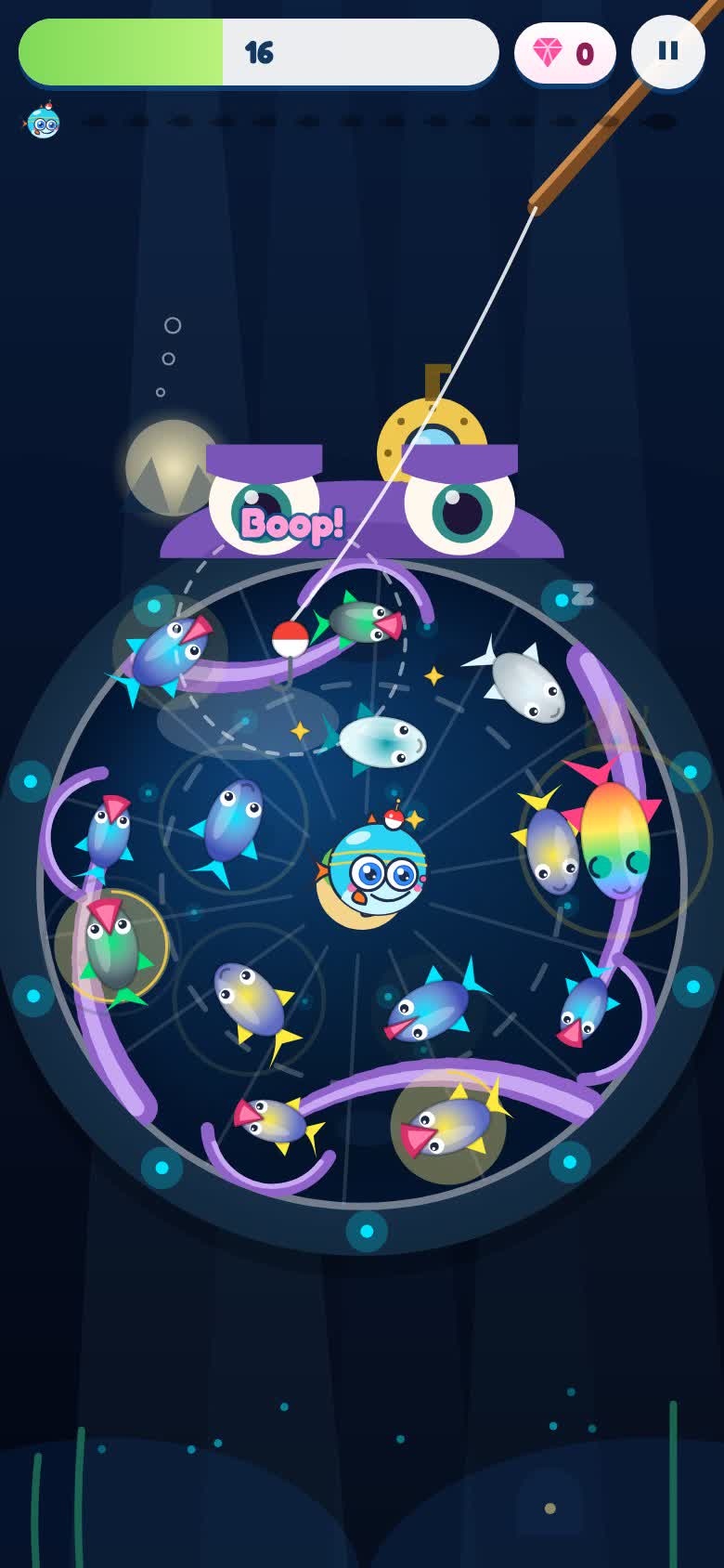 Gameplay: Deep Sea, level 60 — four tentacles rise and hug a fish each, three boops free one, the Kraken waves and sinks