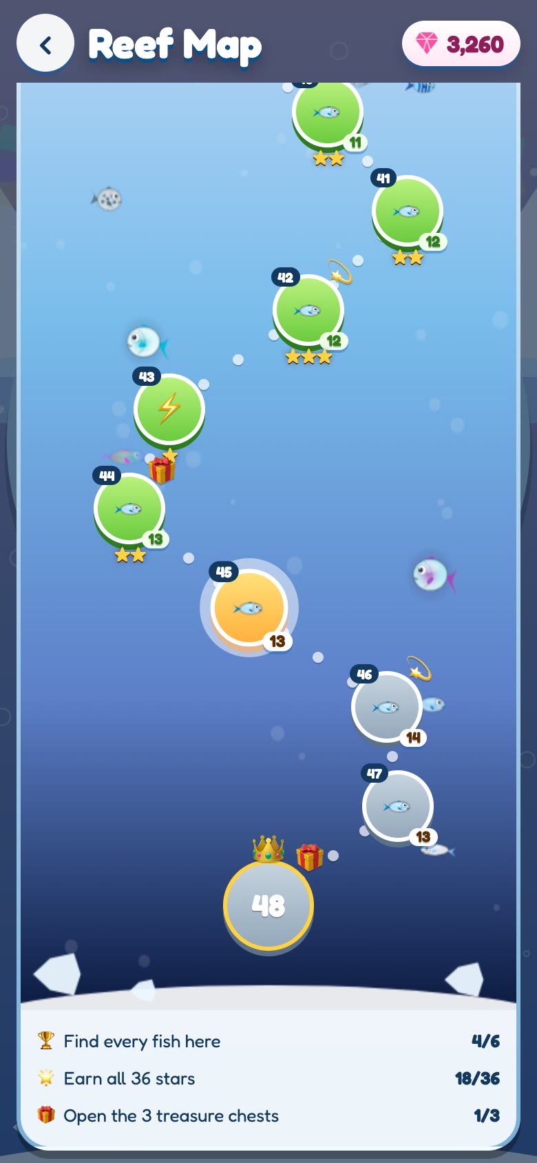 Gameplay: the Reef Map — the crowned Big One of Coral Bay with its world quests, the Icy Cove header, then a slow scroll down the path past starred levels, the sparkle on the peaks 42 and 46, the current level 45 and the crowned level 48