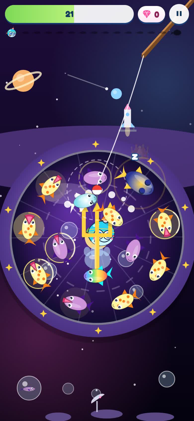 Gameplay: Space, level 72 — the trident rises, the Moon peeks, the ribbon twins, the rings pull in, the Star Whale wakes