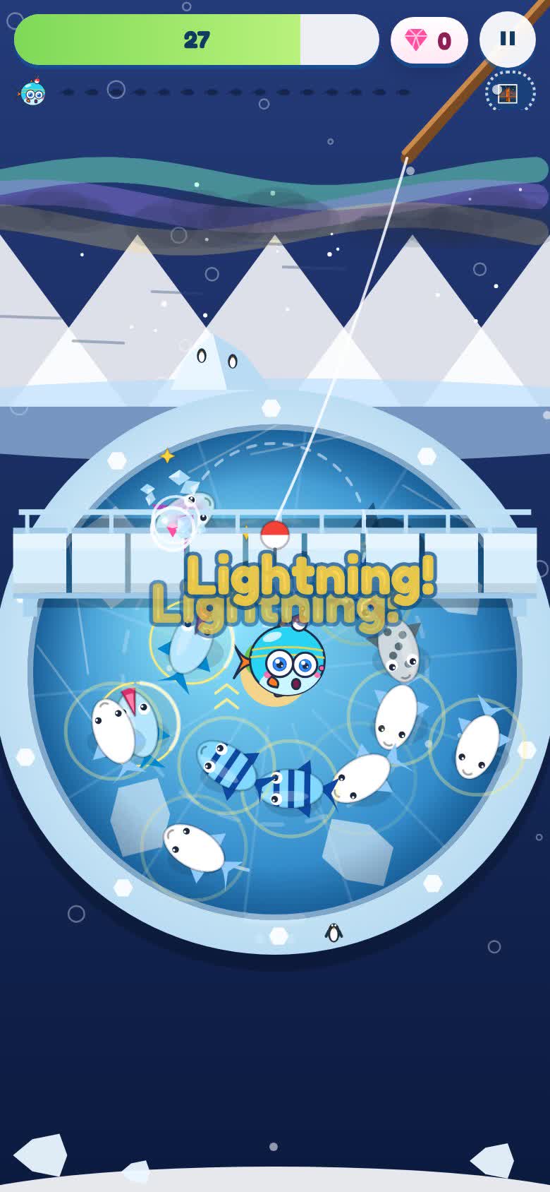 Gameplay: Icy Cove, level 47 — the wind drags the pond, waves rock it, clouds gather, a strike lands and every fish changes lane, the penguins slide down the iceberg